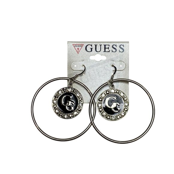 Guess Womens Silver-Tone Hoop Earrings With‎ GG Logo & Rhinestone Accents - Picture 1 of 4